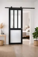 Solde Porte Coulissante Atelier noir, blanc Vitrée H204 x L83 cm, Rail Roulettes, Coquilles