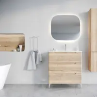 Réduction Meuble de salle de bains 80cm 3 tiroirs Chêne Clair - Vasque céramique blanche - JOTA