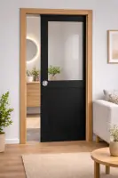 Porte Coulissante Atelier Noir H204 x L93 cm sans meneau, Galandage, kit de finition Prix Choc