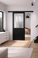 Achetez Aujourd'hui Porte Coulissante Atelier Noir Vitrée H204 x L83 cm sans meneau, Rail alu Bandeau Noir