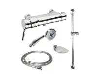 Kit de douche comprenant un mitigeur thermostatique de douche Mastermix une douchette 2 jets un flexible lisse gris Lg 1500 mm une barre de douche chromée Lg 600 mm et porte-savon SANIFIRST Nouvel Arrivage