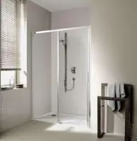 Porte coulissante sans seuil 2 éléments dont 1 fixe à gauche Cada Xs ccd2l16020vpk profilé argent poli verre clair traité anticalcaire 1600 x 2000 mm ROTH Retour Gratuit