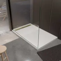Commande En Gros Receveur Blanc Effet Granite en Résine Epoxy 80x140x3 cm + Grille Linéaire Or Brossé