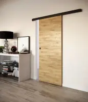 Porte mélaminé Bering pour chassis galandage Sogal avec Kit d‘habillage bois + Kit poigné ronde encastré noir + Tiré doigt noir M25 chêne naturel 2040 x 730 x 40 mm Bon Plan