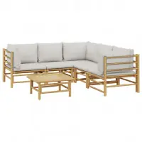 Salon de jardin meuble d‘extérieur ensemble de mobilier 6 pièces avec coussins gris clair bambou 02_0016773 Petit Prix