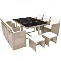 Salon de jardin meuble d‘extérieur ensemble de mobilier encastrable avec coussins 11 pièces rotin beige 02_0018332 Offre Spéciale