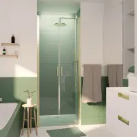 Porte de Douche Double Battant 80x200cm - Verre Trempé Transparent 6mm - Profil Or Doré Brossé Livraison Express