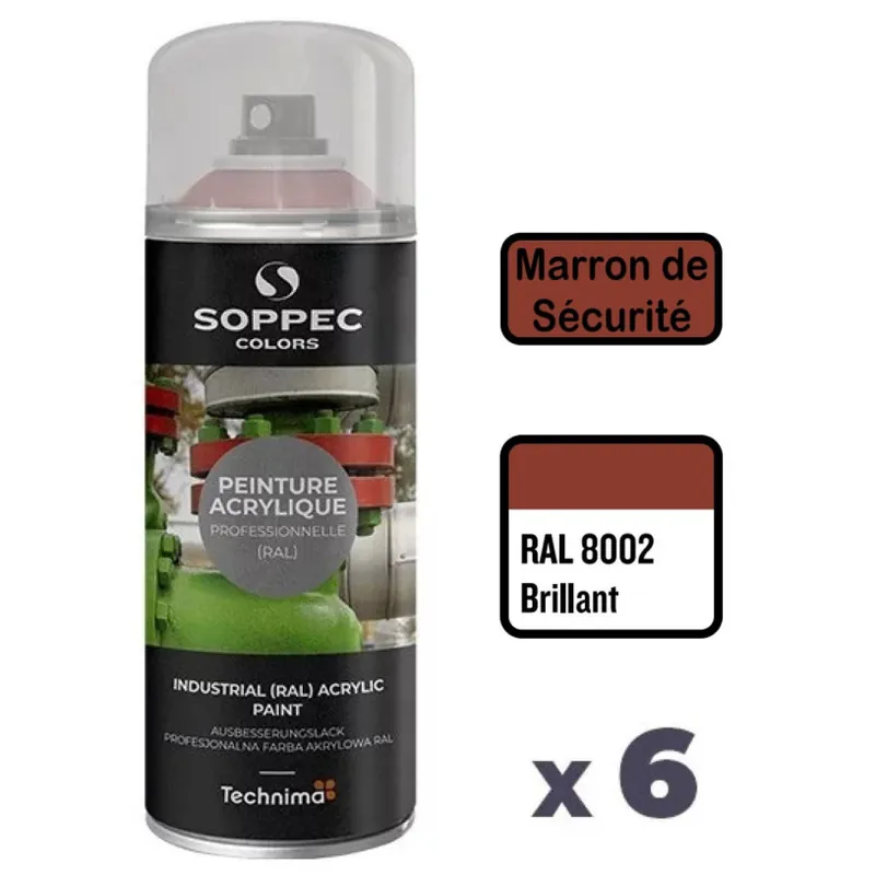 Prix Bas 6 Peintures Acryliques Aérosol 520 ML Marron Sécurité - 8002