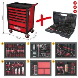 Servante d‘atelier RACINGline NOIR/ROUGE 7 tiroirs equipée de 598 outils Vente Flash